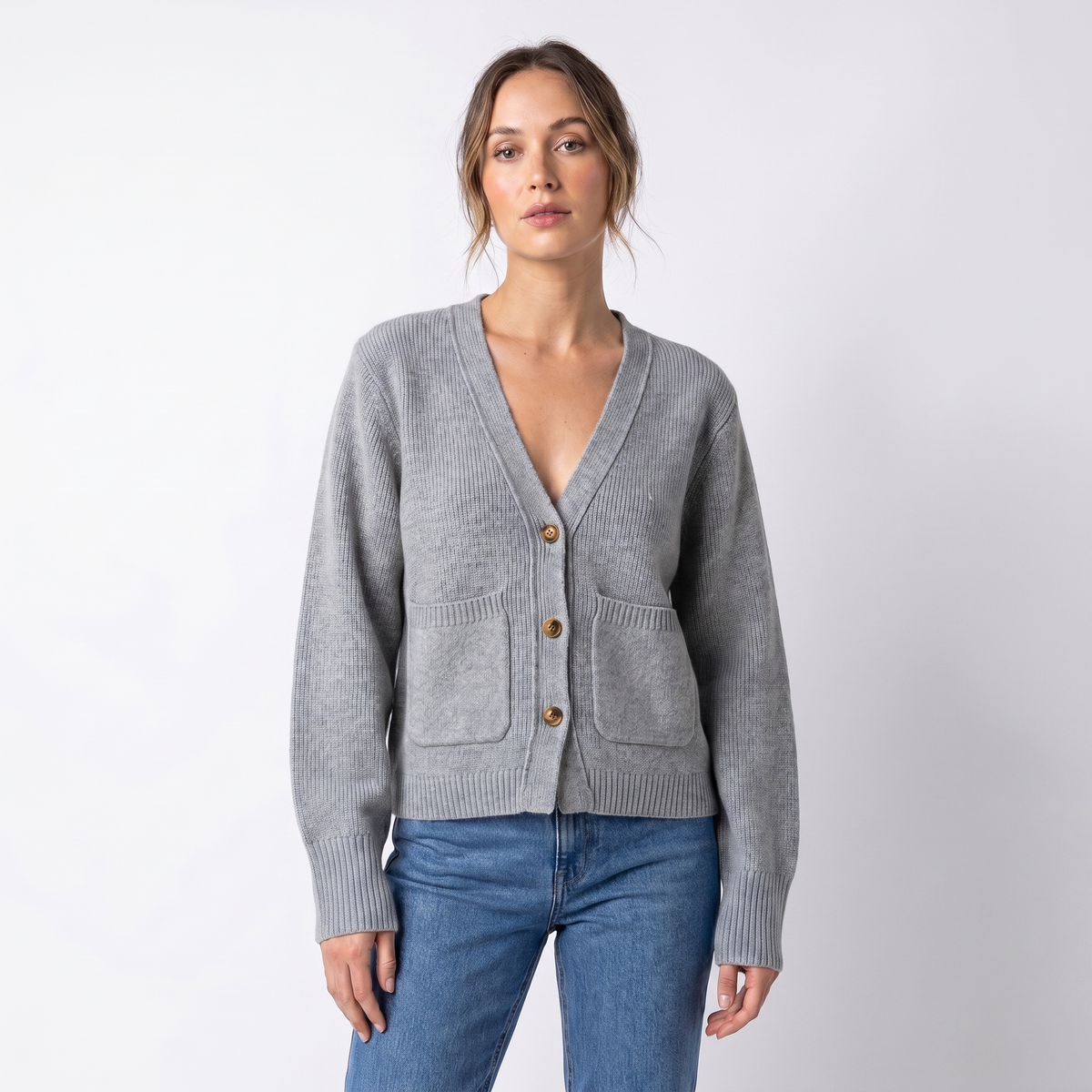 Women's V-Neck Cardigan Cropped Button Front Patch Pockets Gold Buttons