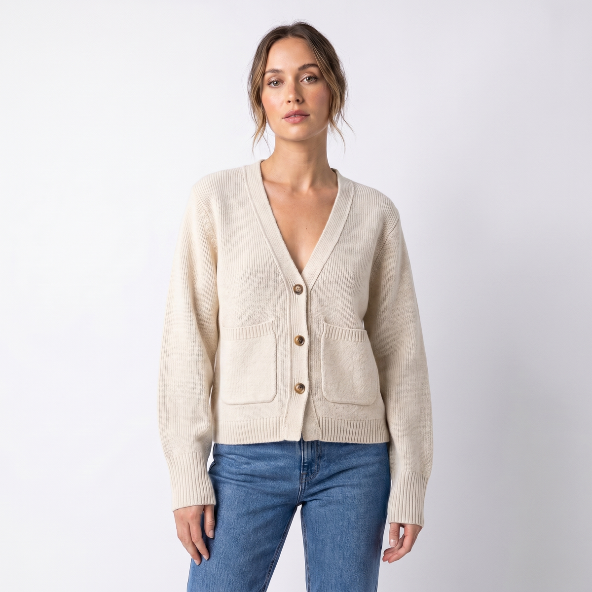 Women's V-Neck Cardigan Cropped Button Front Patch Pockets Gold Buttons