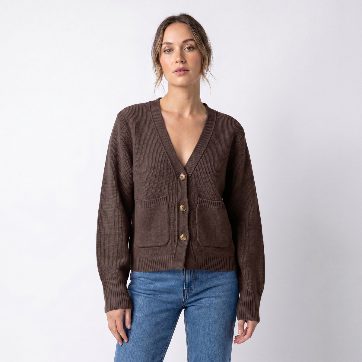 Women's V-Neck Cardigan Cropped Button Front Patch Pockets Gold Buttons