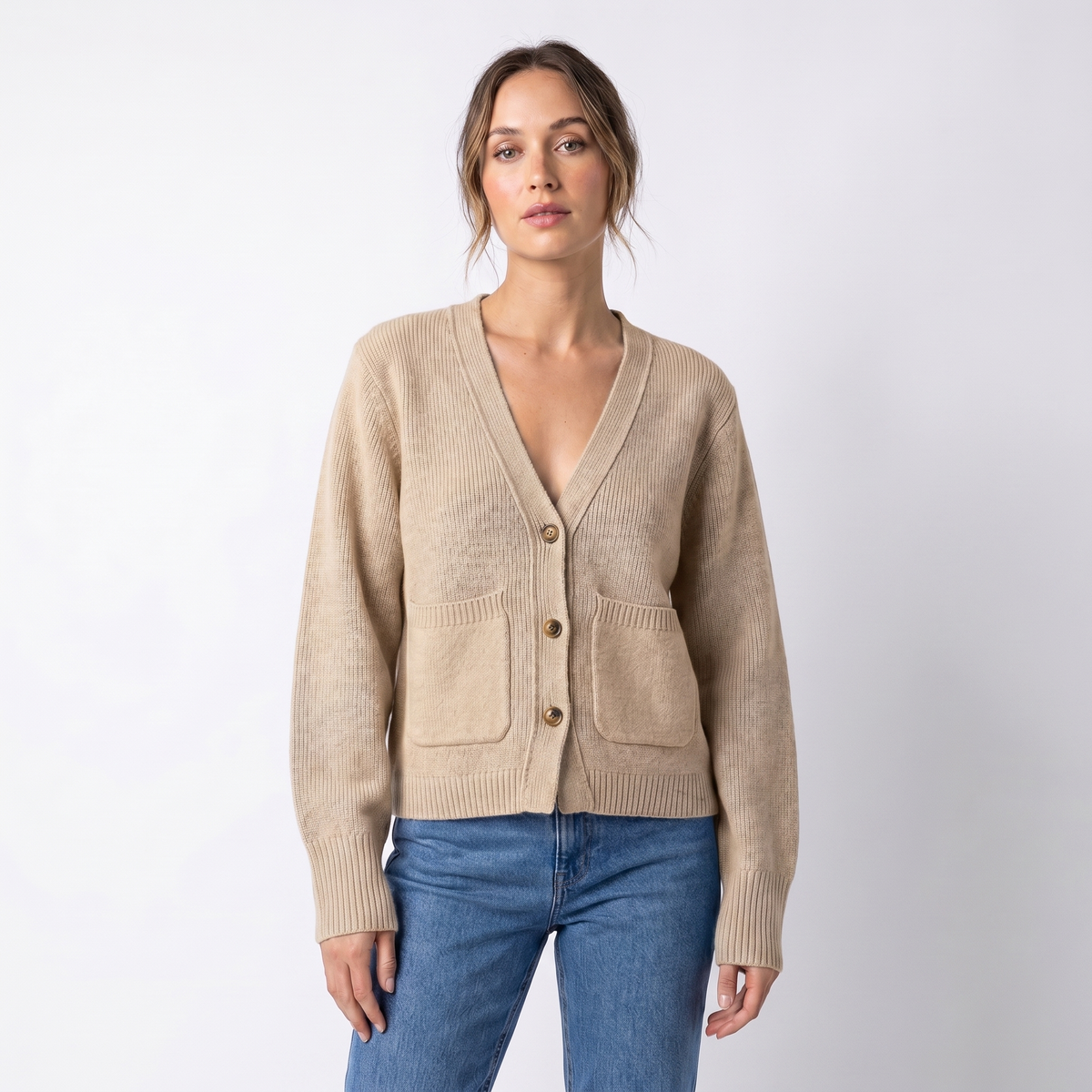 Women's V-Neck Cardigan Cropped Button Front Patch Pockets Gold Buttons