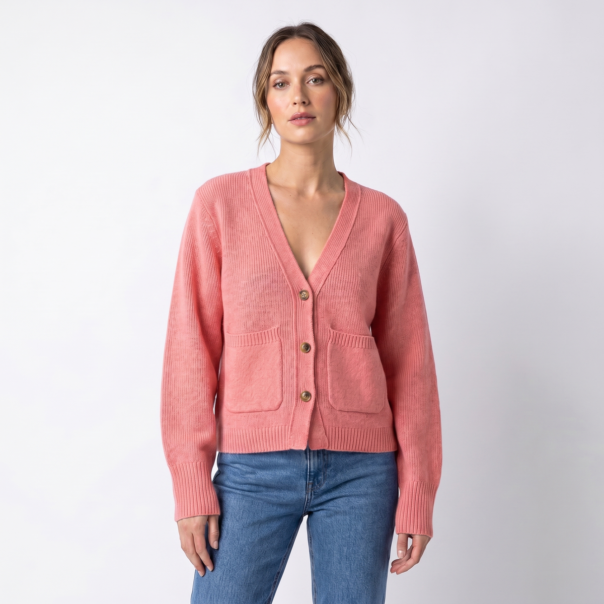 Women's V-Neck Cardigan Cropped Button Front Patch Pockets Gold Buttons