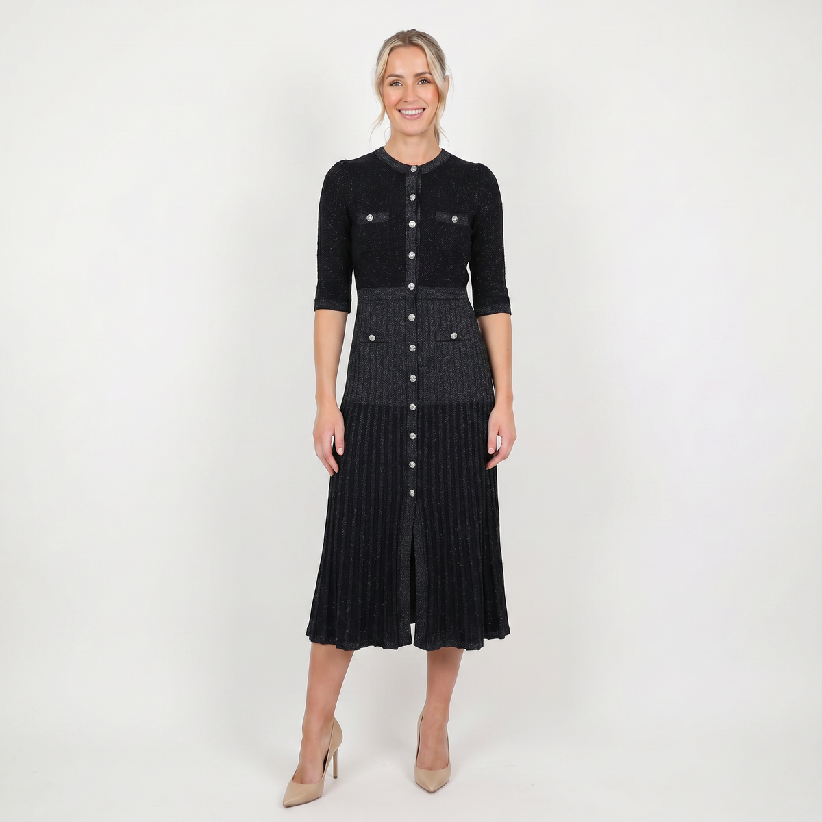 Women's Knit Winter Dress Pointelle Button-Through Midi Flap Pockets Flared