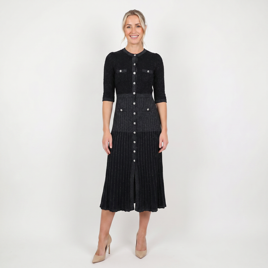 Women's Knit Winter Dress Pointelle Button-Through Midi Flap Pockets Flared