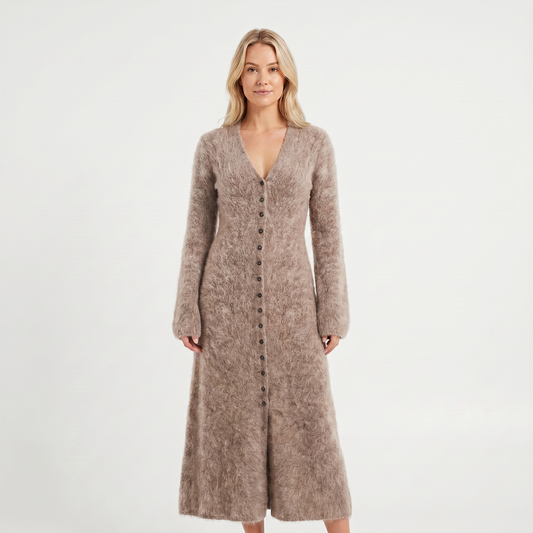 Women's Long-Sleeve Midi Knit Dress Fluffy Button-Through V-Neck Cardigan