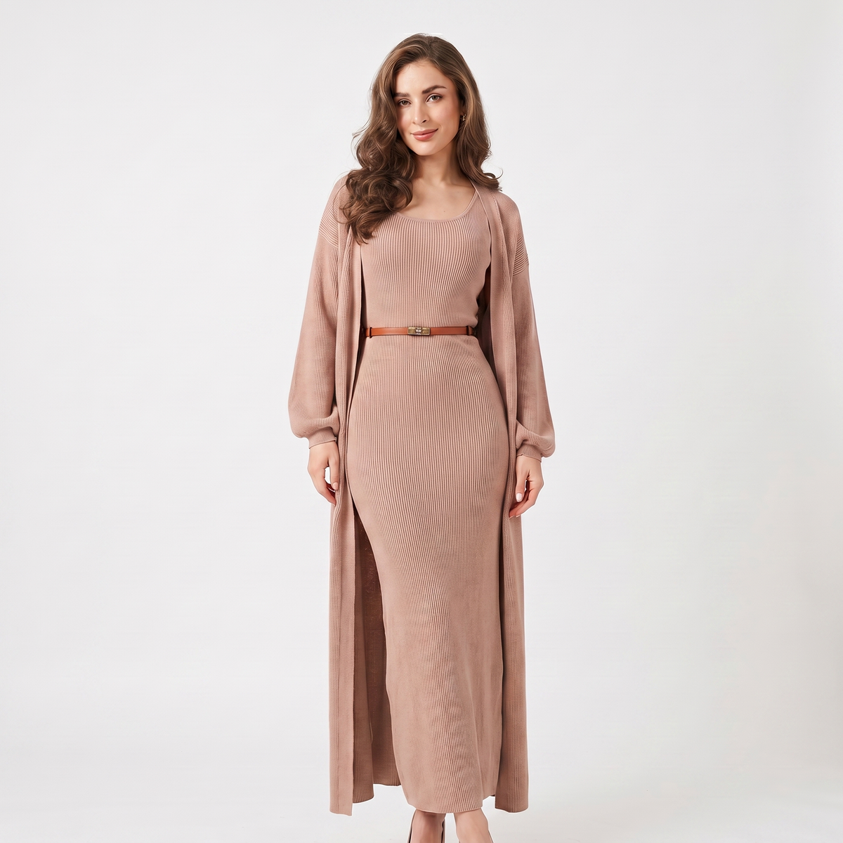 Set coordinato da donna in maglia – Abito lungo a costine e cardigan spolverino lungo