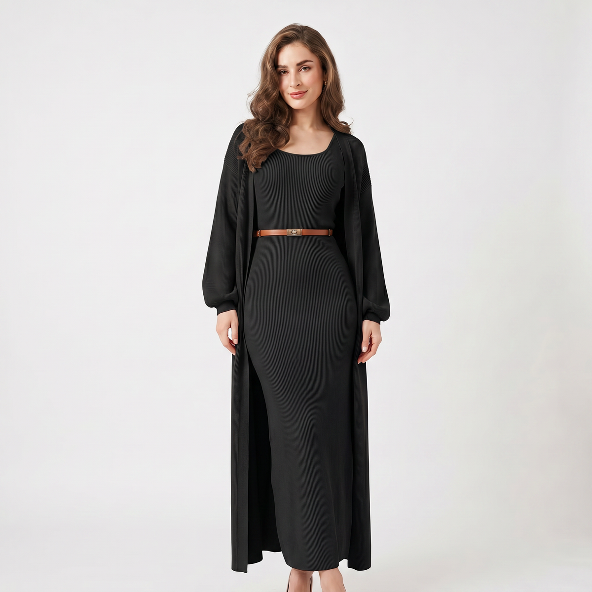Set coordinato da donna in maglia – Abito lungo a costine e cardigan spolverino lungo