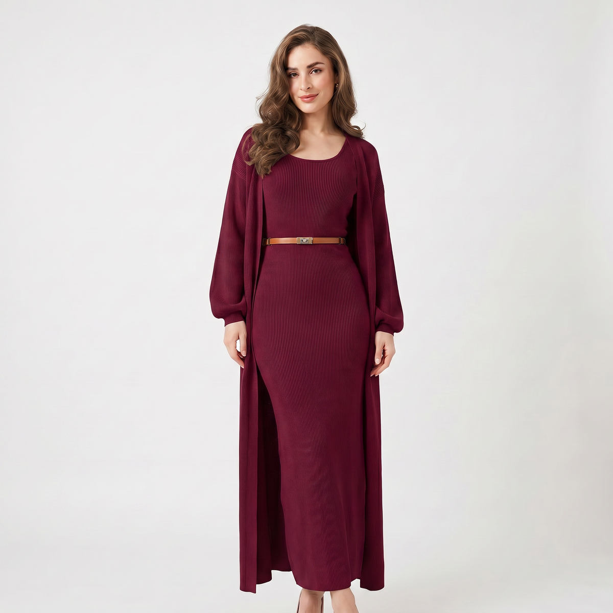 Set coordinato da donna in maglia – Abito lungo a costine e cardigan spolverino lungo