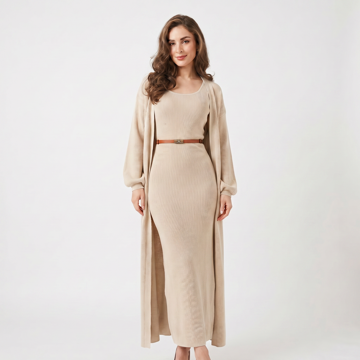 Set coordinato da donna in maglia – Abito lungo a costine e cardigan spolverino lungo