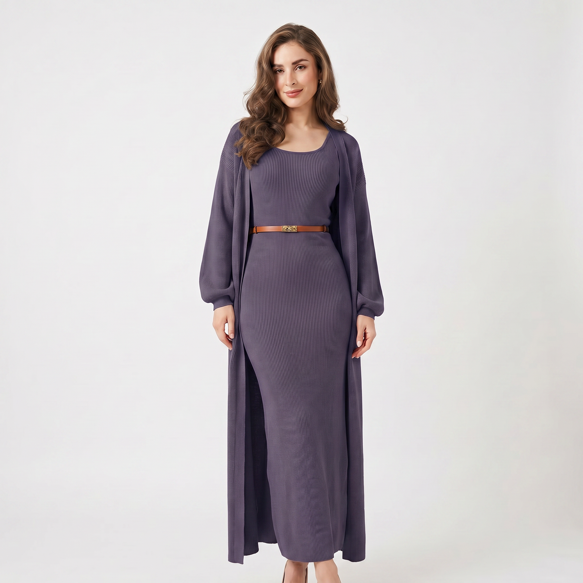 Set coordinato da donna in maglia – Abito lungo a costine e cardigan spolverino lungo