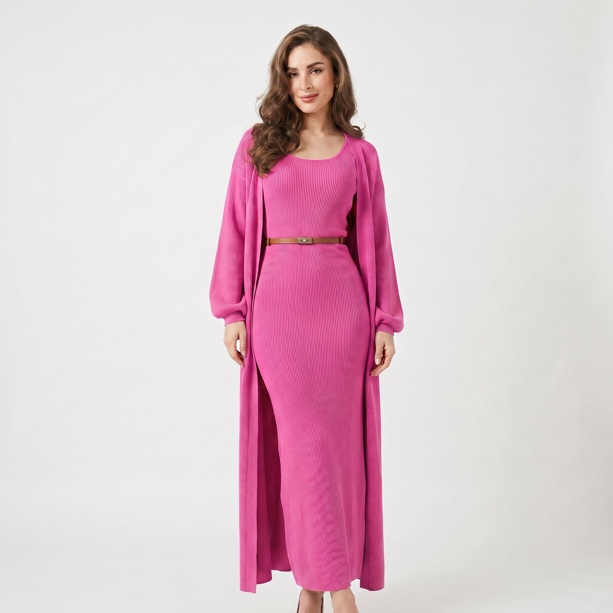 Set coordinato da donna in maglia – Abito lungo a costine e cardigan spolverino lungo
