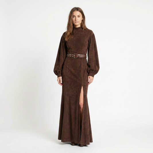 Women's Winter Maxi Dress Suede-Look Bishop Sleeve Mock-Neck Mermaid Slit