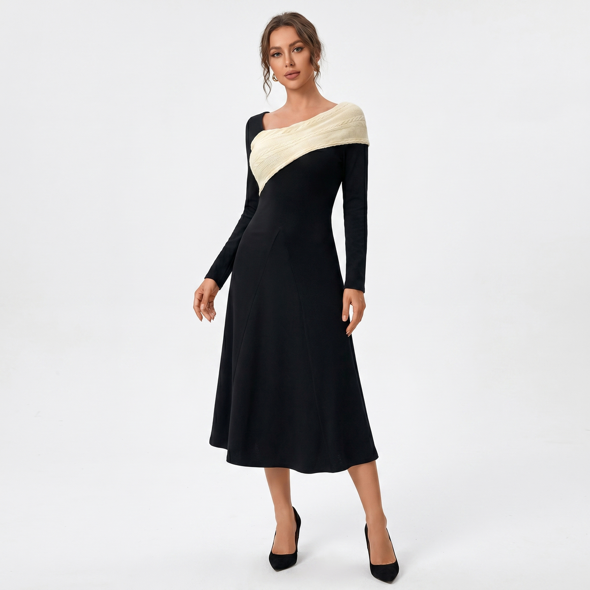 Women's Long-Sleeve Maxi Knit Winter Dress Contrast Cable-Knit Cowl Panel