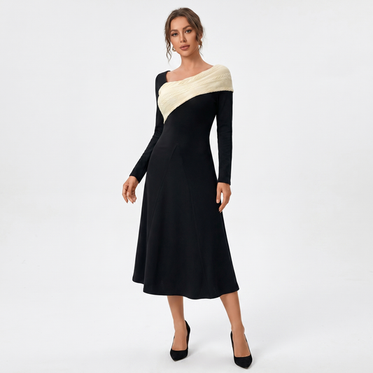 Women's Long-Sleeve Maxi Knit Winter Dress Contrast Cable-Knit Cowl Panel