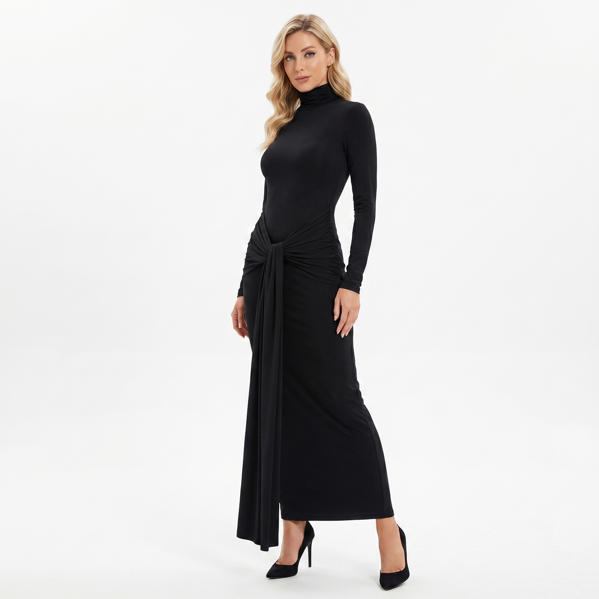 Women's Winter Maxi Dress Turtleneck Knotted Waist Jersey