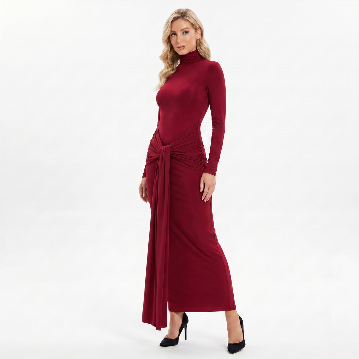 Women's Winter Maxi Dress Turtleneck Knotted Waist Jersey