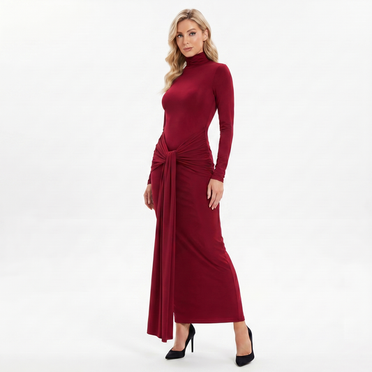 Women's Winter Maxi Dress Turtleneck Knotted Waist Jersey
