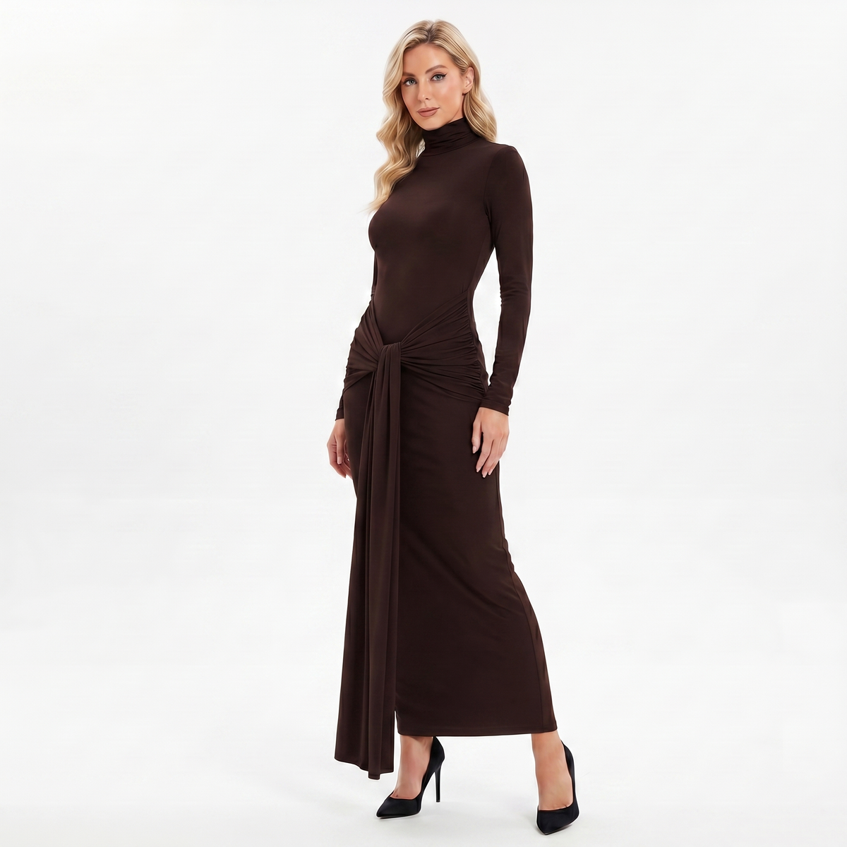 Women's Winter Maxi Dress Turtleneck Knotted Waist Jersey
