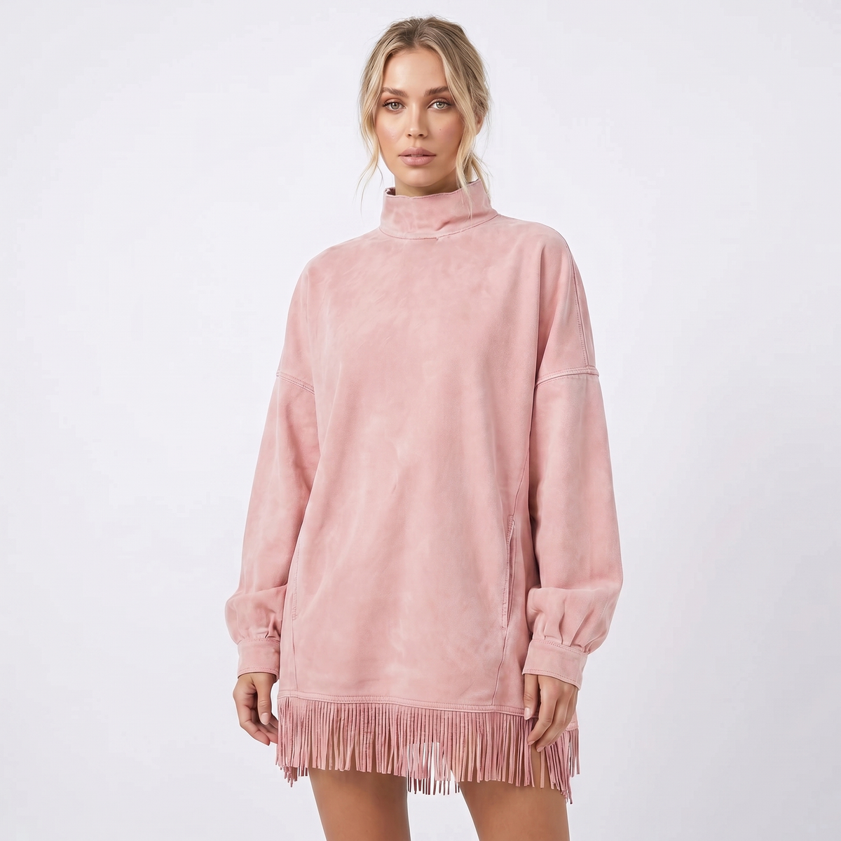 Women's Oversized Sweater Winter Dress Acid Wash Fringe Hem Mock-Neck