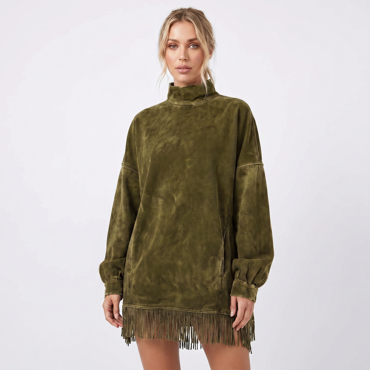 Women's Oversized Sweater Winter Dress Acid Wash Fringe Hem Mock-Neck