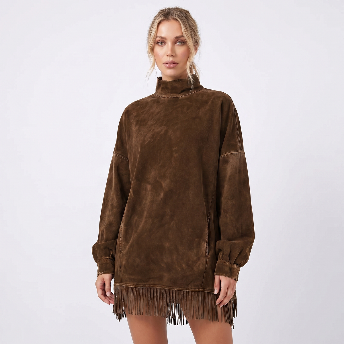 Women's Oversized Sweater Winter Dress Acid Wash Fringe Hem Mock-Neck