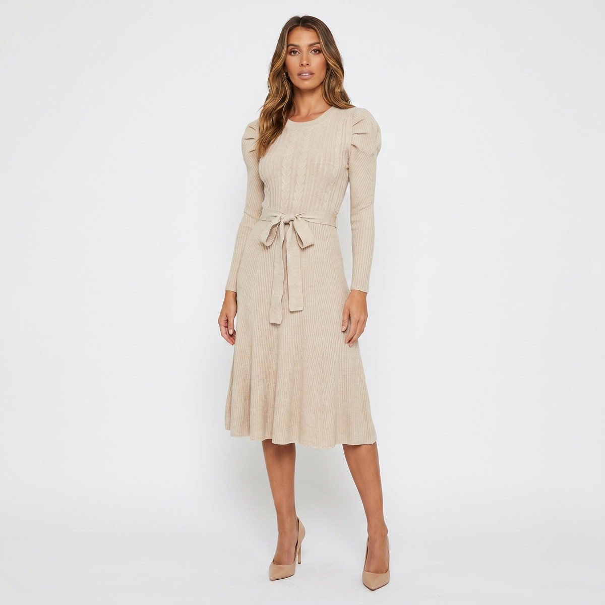 Women's Knit Midi Winter Dress Puff Shoulder Belted Ribbed A-Line