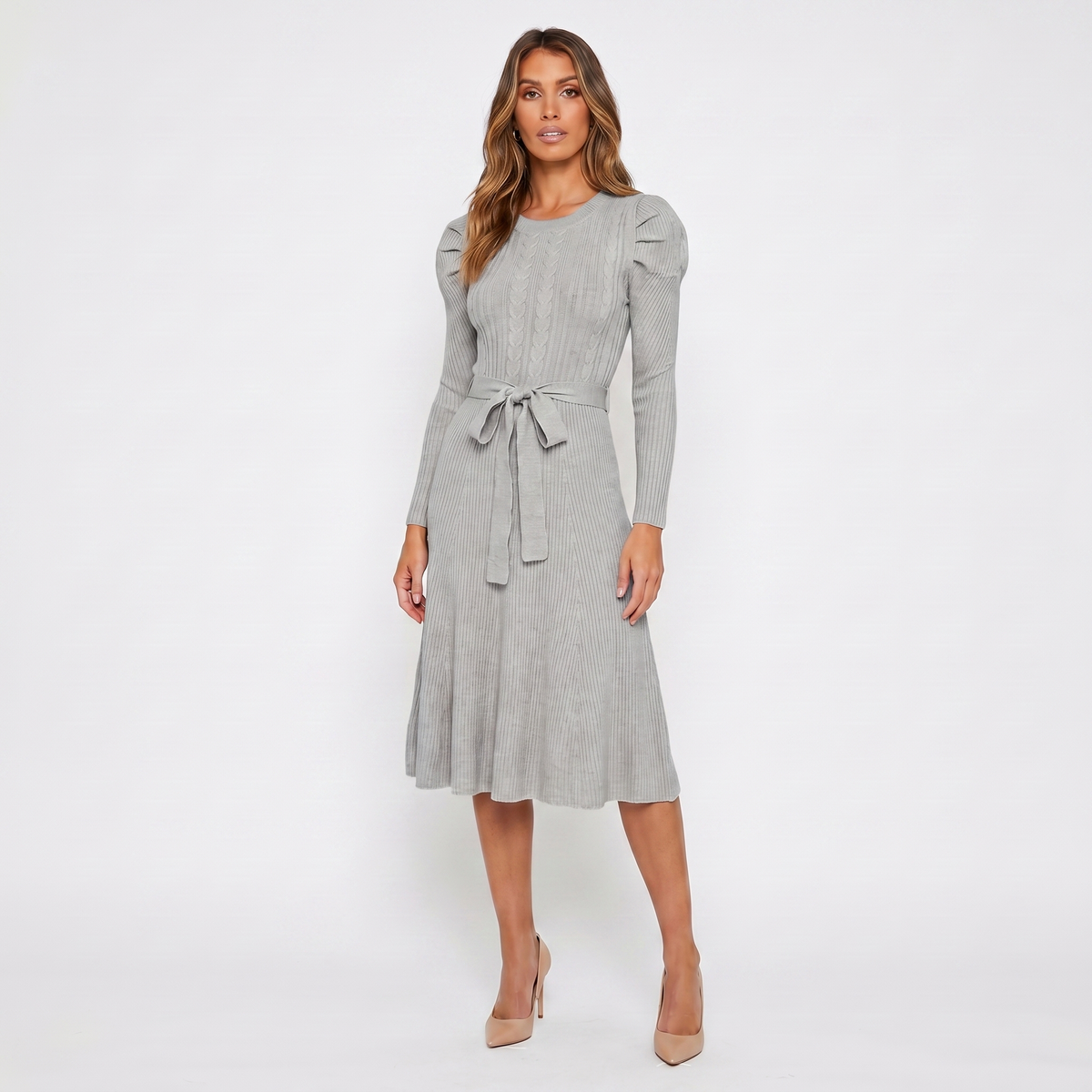 Women's Knit Midi Winter Dress Puff Shoulder Belted Ribbed A-Line