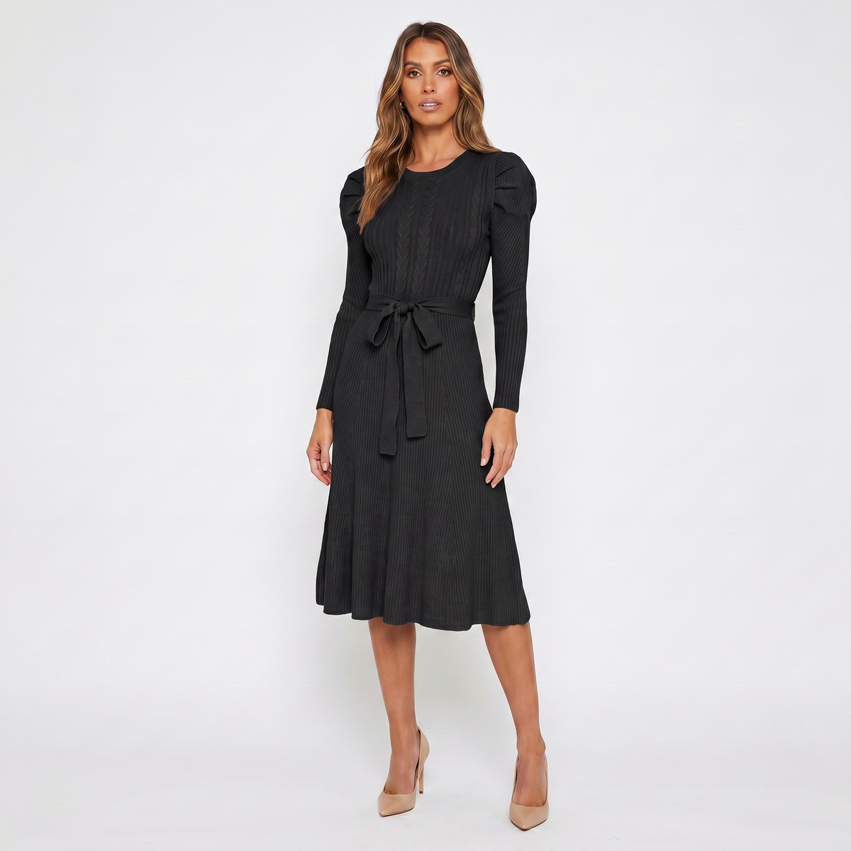 Women's Knit Midi Winter Dress Puff Shoulder Belted Ribbed A-Line