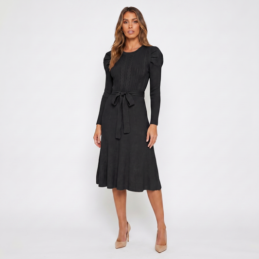 Women's Knit Midi Winter Dress Puff Shoulder Belted Ribbed A-Line