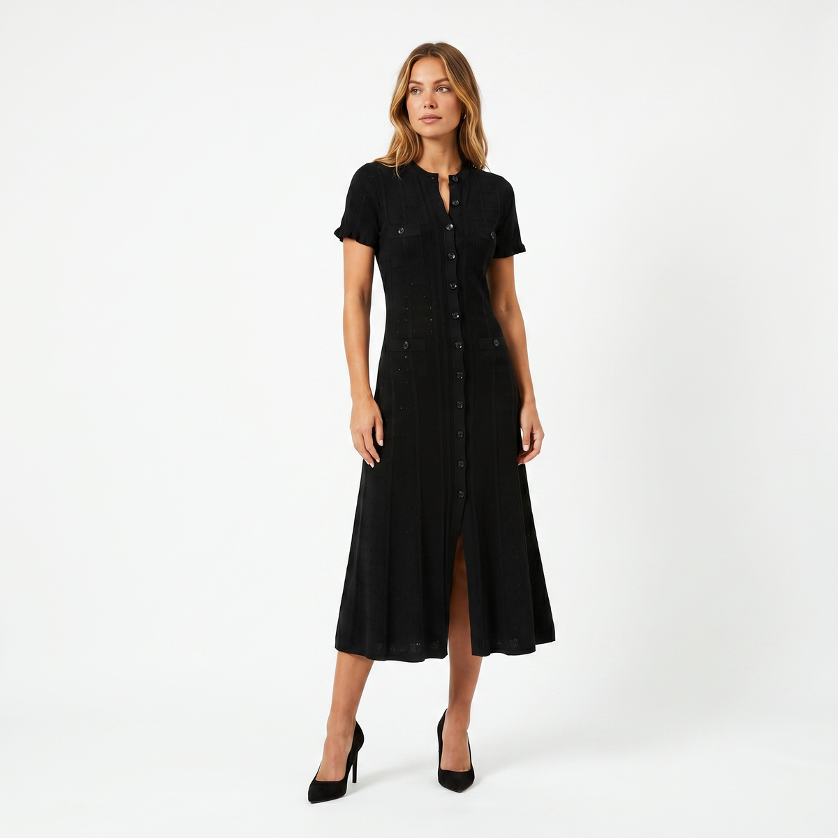 Women's Button Knit Winter Dress Pointelle Short-Sleeve Midi Four-Pocket
