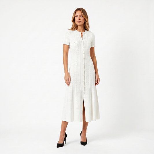 Women's Button Knit Winter Dress Pointelle Short-Sleeve Midi Four-Pocket