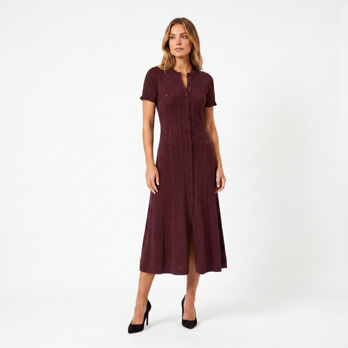 Women's Button Knit Winter Dress Pointelle Short-Sleeve Midi Four-Pocket