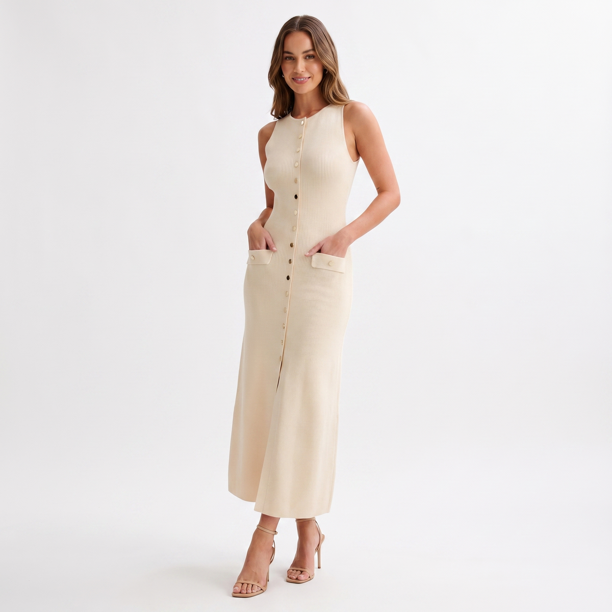 Women's Maxi Shirt Dress Ribbed Knit Sleeveless Button-Front Gold Pocket