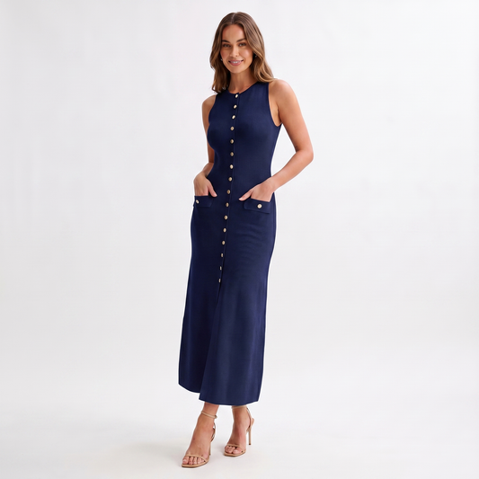 Women's Maxi Shirt Dress Ribbed Knit Sleeveless Button-Front Gold Pocket