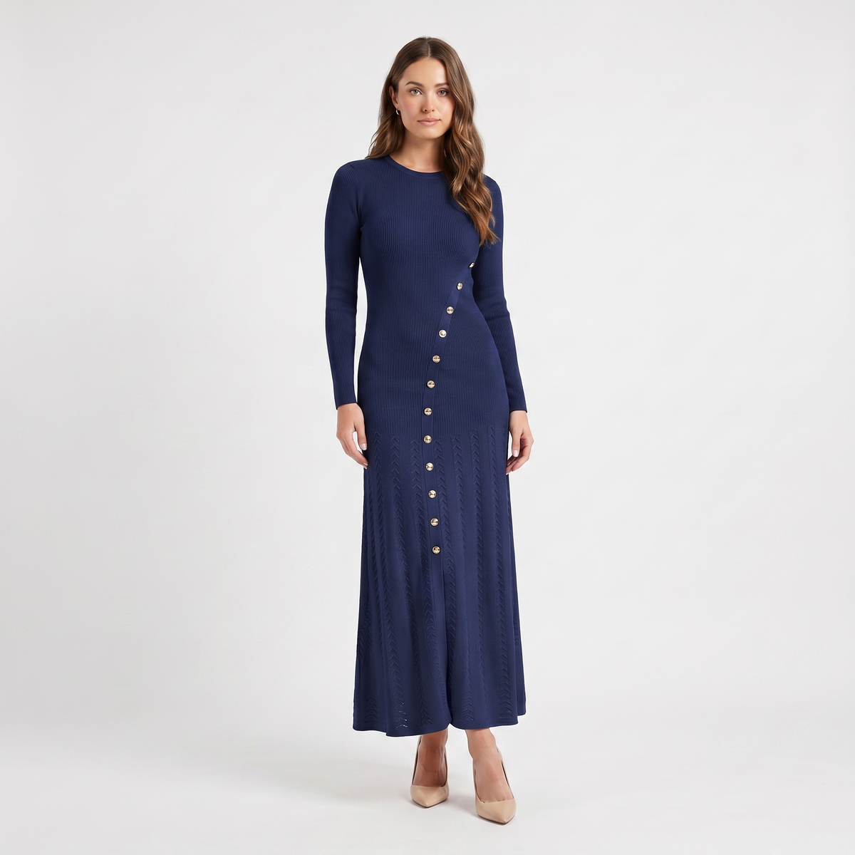 Women's Button-Down Long-Sleeve Dress Ribbed Knit Flare Maxi Silver Buttons