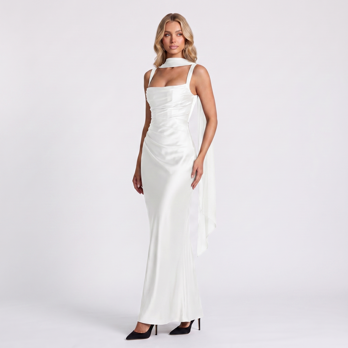 Women's Formal Maxi Dress Satin Ruched Square Neck Tulle Scarf Winter Gown