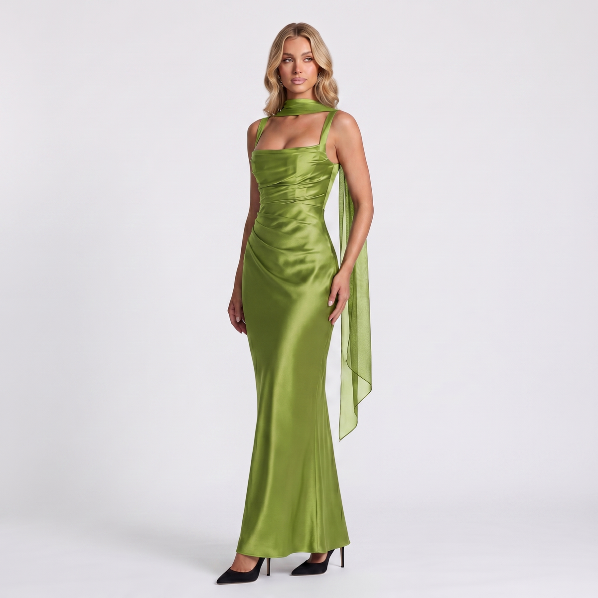 Women's Formal Maxi Dress Satin Ruched Square Neck Tulle Scarf Winter Gown