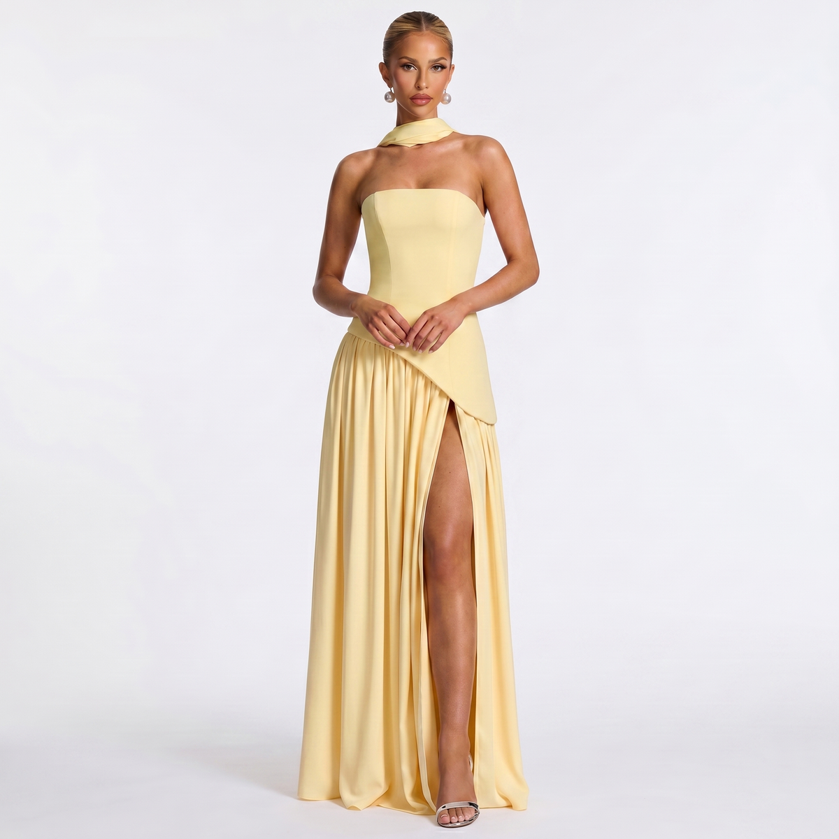 Abito lungo elegante da donna – Senza spalline in chiffon con scollo a sciarpa spaccato e drappeggiato