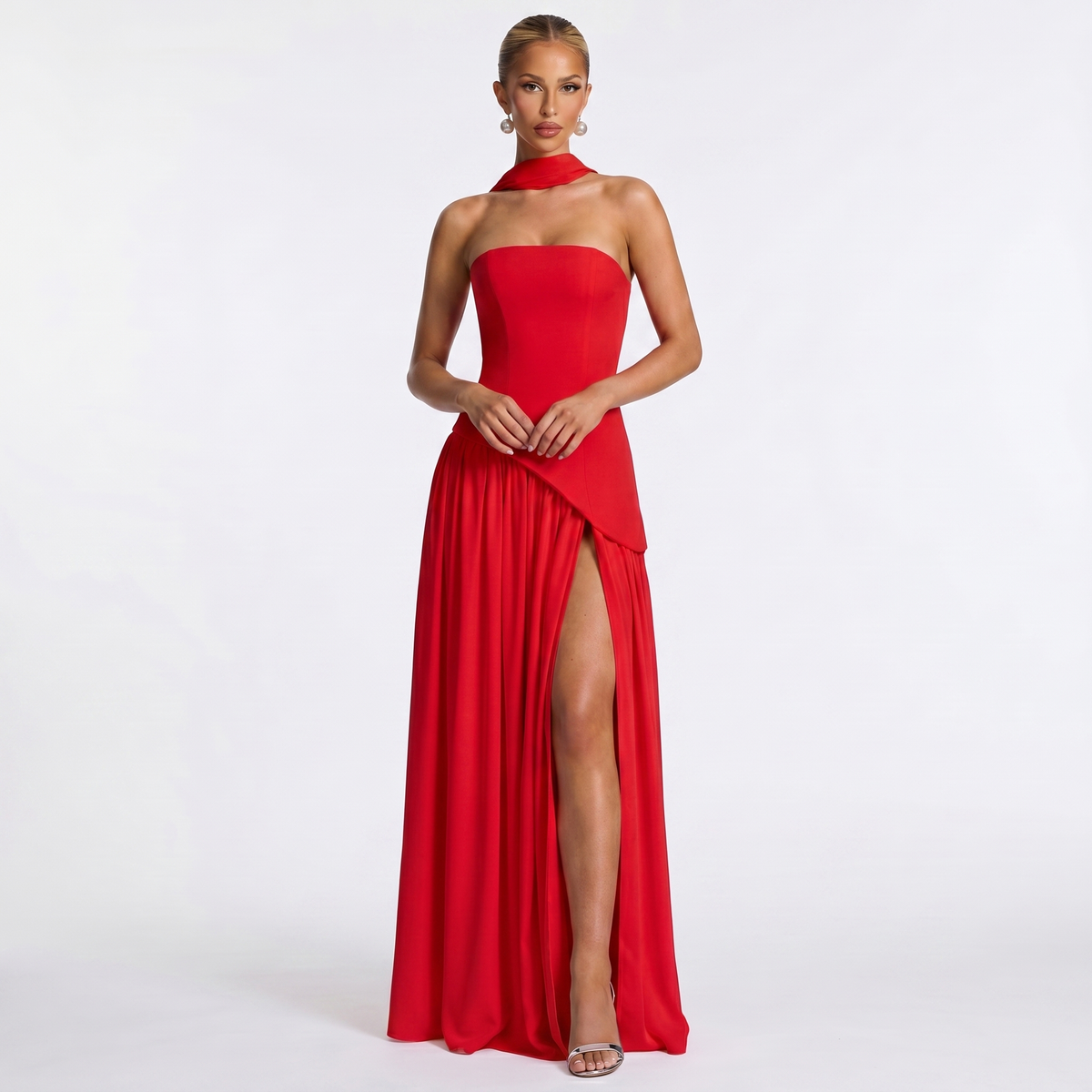 Abito lungo elegante da donna – Senza spalline in chiffon con scollo a sciarpa spaccato e drappeggiato
