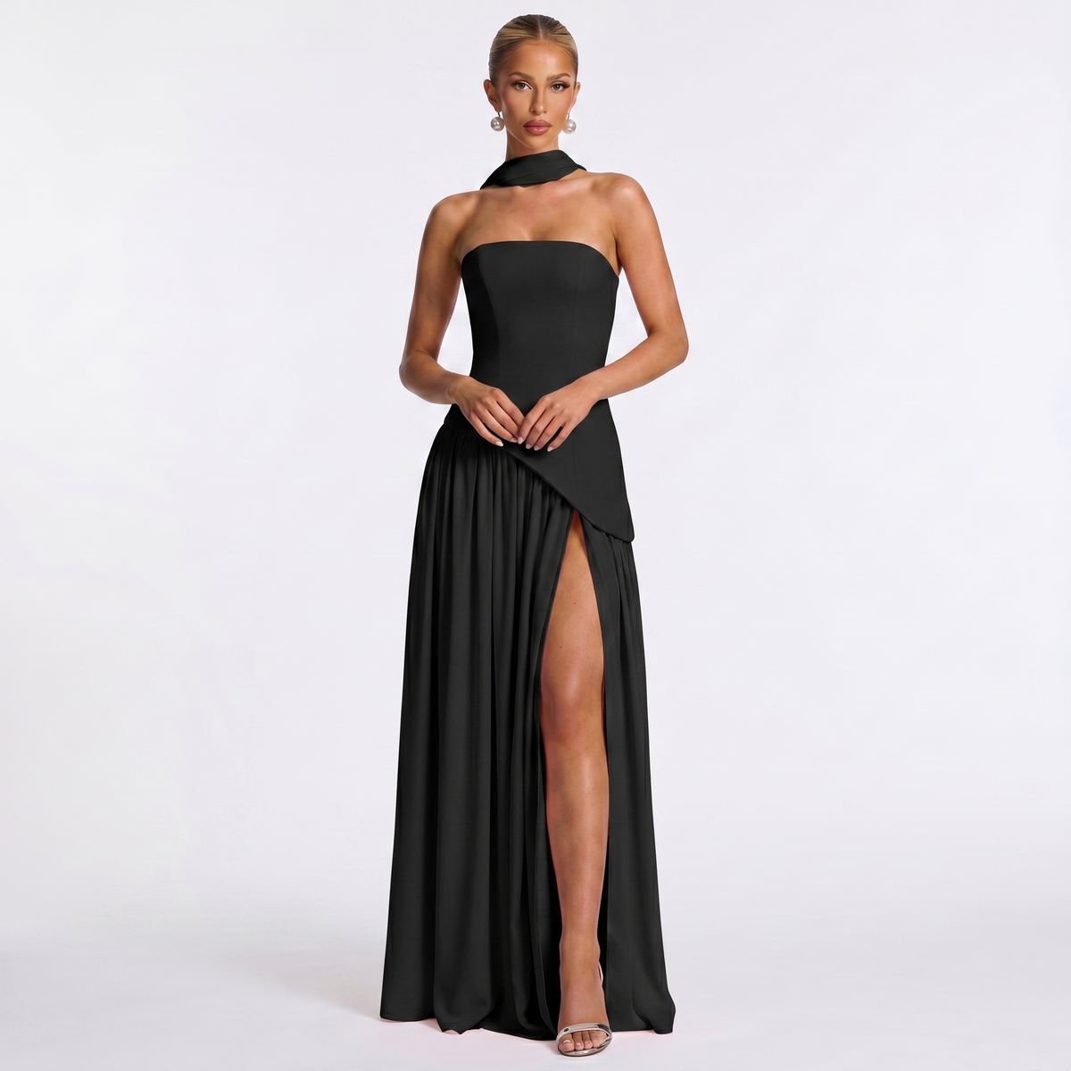 Abito lungo elegante da donna – Senza spalline in chiffon con scollo a sciarpa spaccato e drappeggiato