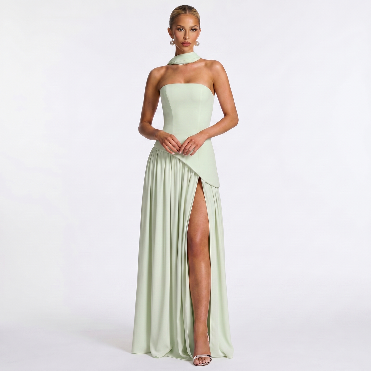 Abito lungo elegante da donna – Senza spalline in chiffon con scollo a sciarpa spaccato e drappeggiato