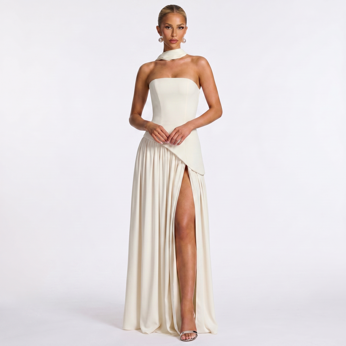 Abito lungo elegante da donna – Senza spalline in chiffon con scollo a sciarpa spaccato e drappeggiato
