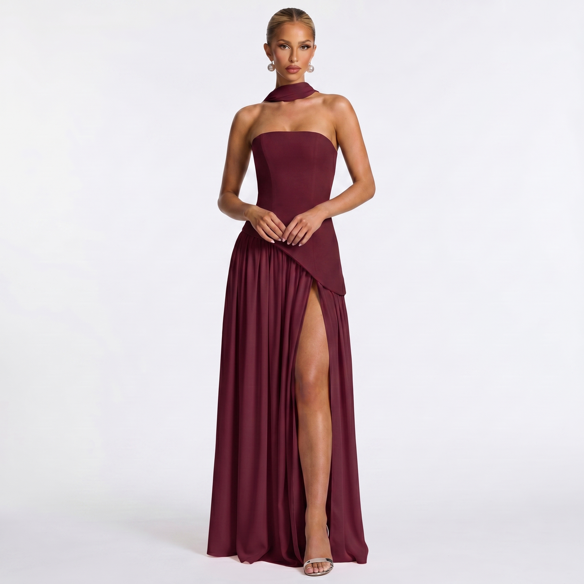 Abito lungo elegante da donna – Senza spalline in chiffon con scollo a sciarpa spaccato e drappeggiato