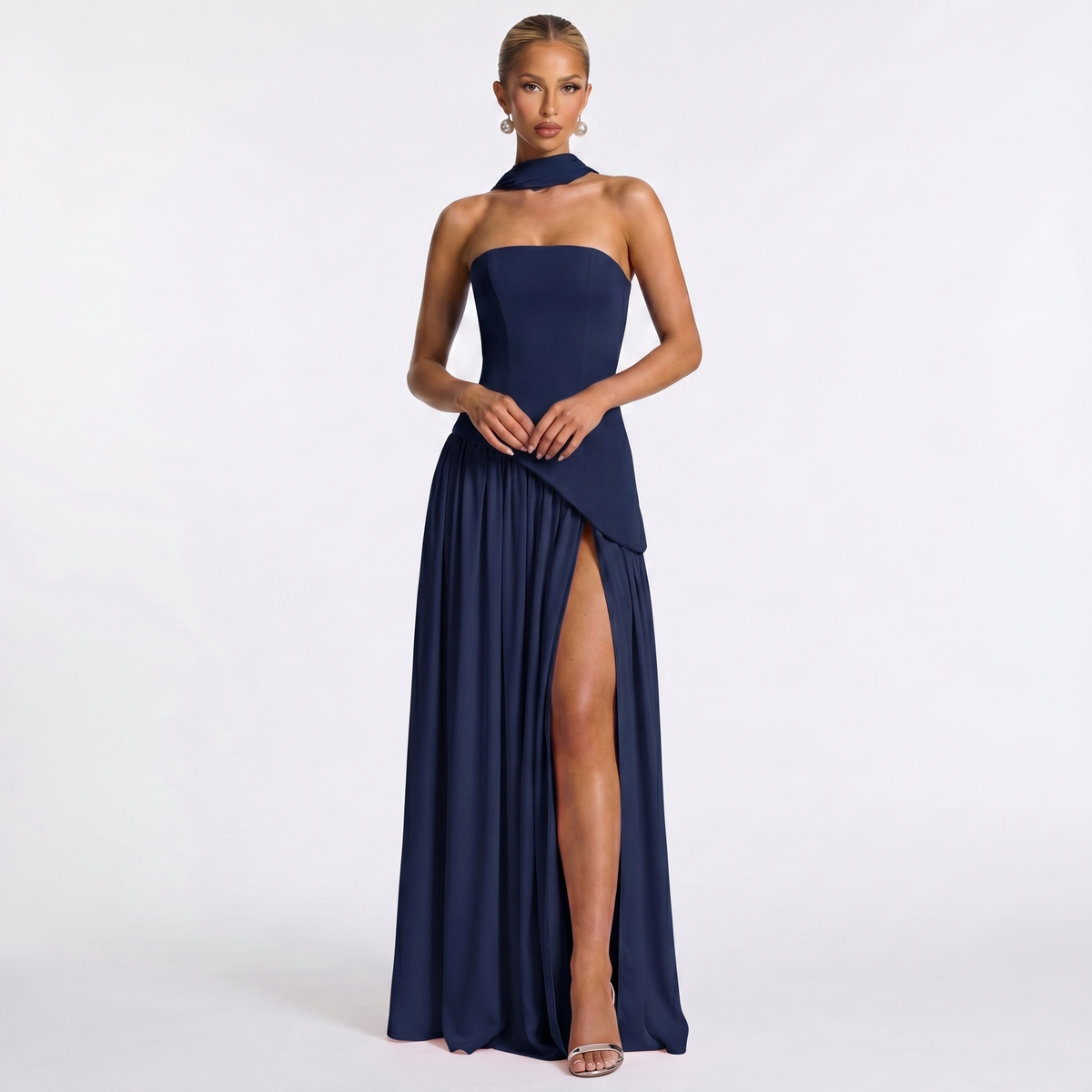Abito lungo elegante da donna – Senza spalline in chiffon con scollo a sciarpa spaccato e drappeggiato