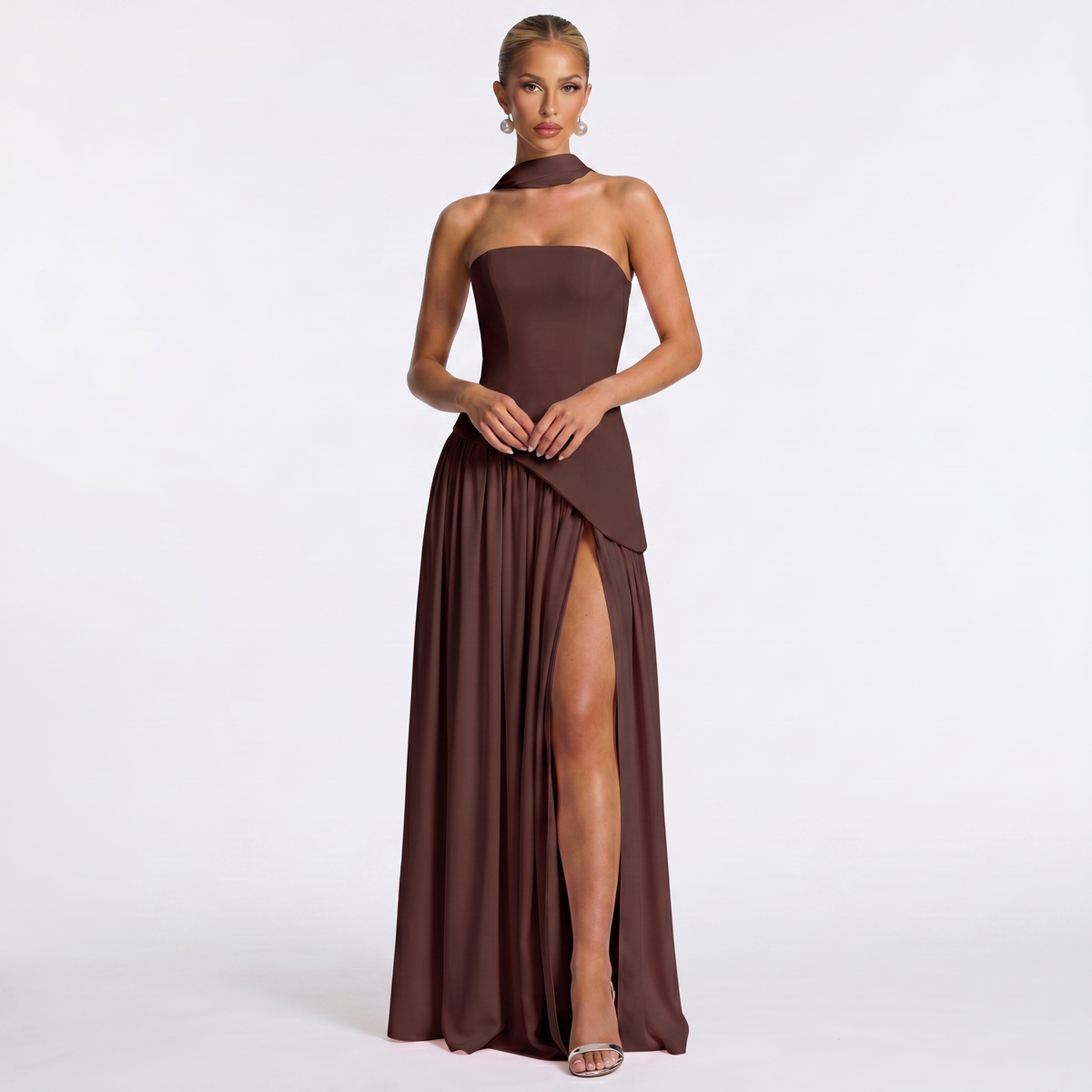Abito lungo elegante da donna – Senza spalline in chiffon con scollo a sciarpa spaccato e drappeggiato