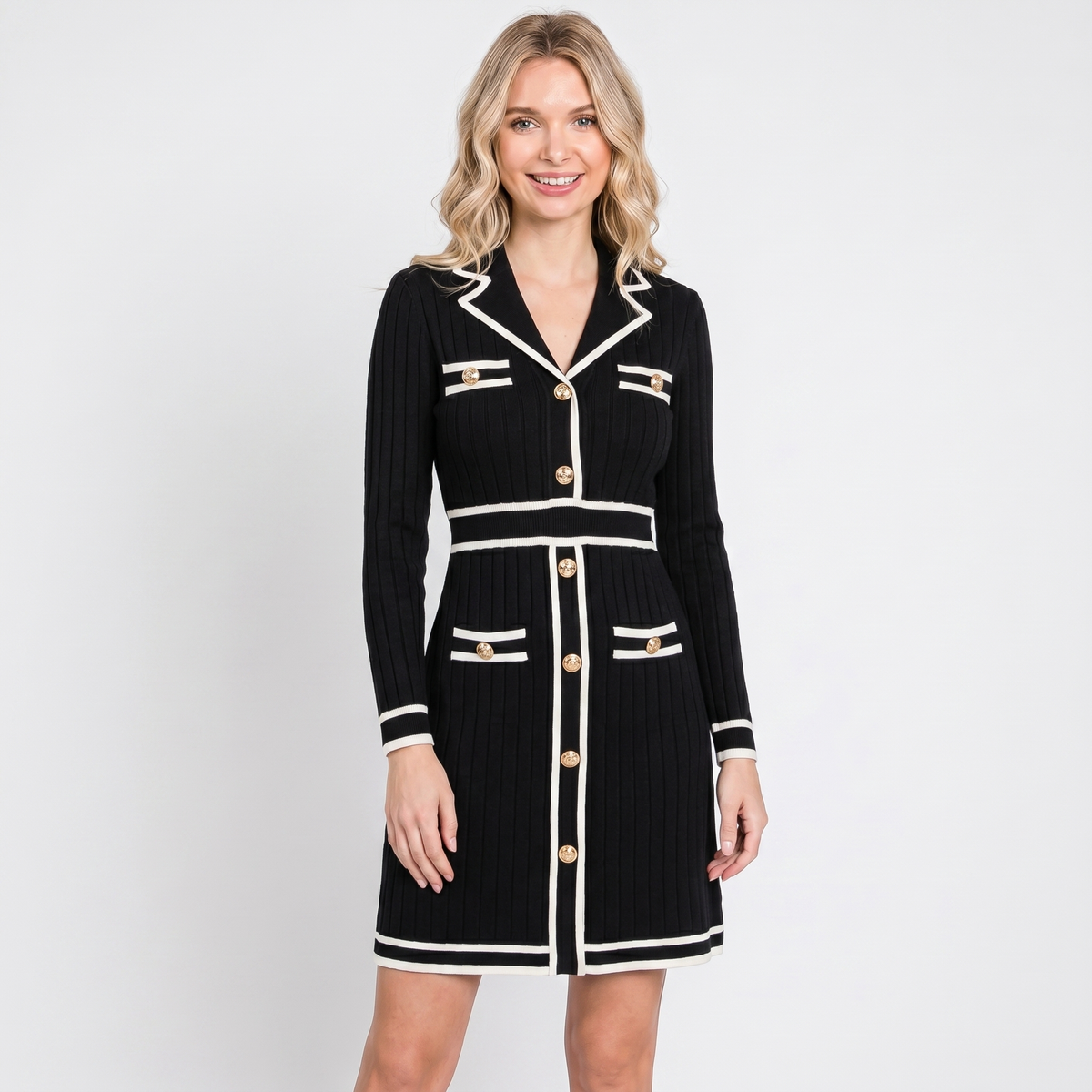 Women's Collared Long-Sleeve Dress Contrast Trim Knit Blazer Mini Gold
