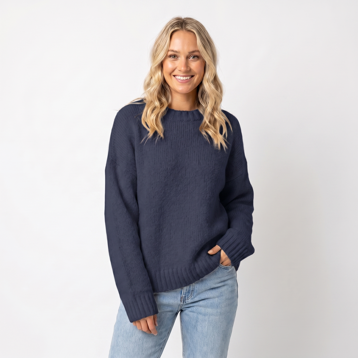Women's Oversized Sweater Crew-Neck Ribbed Cuff Relaxed Knit Pullover