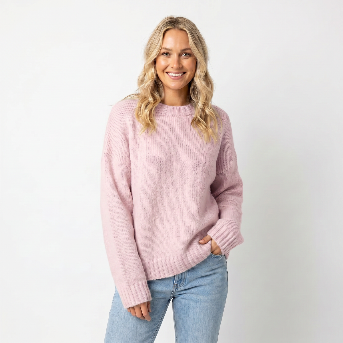 Women's Oversized Sweater Crew-Neck Ribbed Cuff Relaxed Knit Pullover