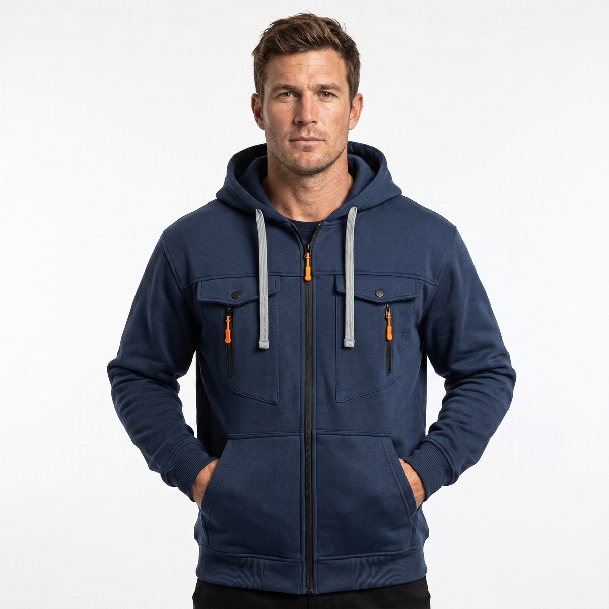 Men's Zip-Up Autumn Hoodie Utility Chest Pockets Contrast Pull
