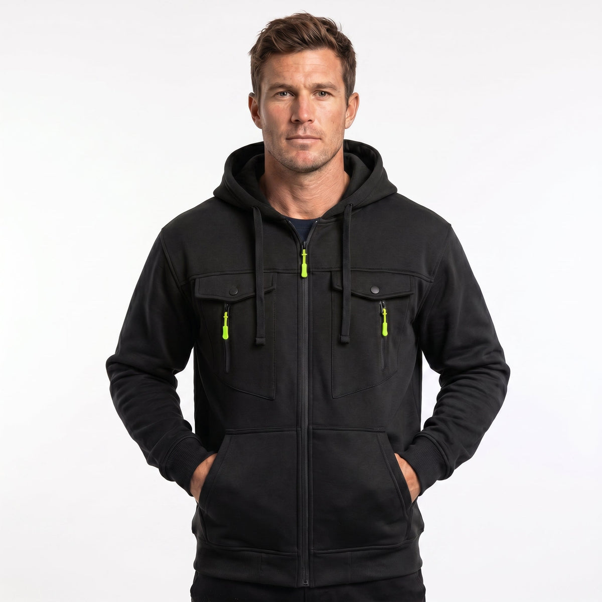 Men's Zip-Up Autumn Hoodie Utility Chest Pockets Contrast Pull