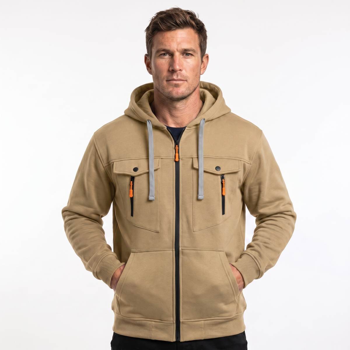 Men's Zip-Up Autumn Hoodie Utility Chest Pockets Contrast Pull